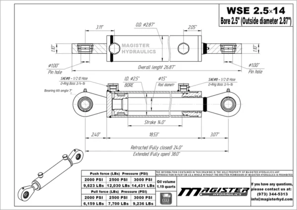 Hydraulic Cylinder Welded Double Acting 2.5" Bore 14" Stroke Swivel Eye 2.5x14