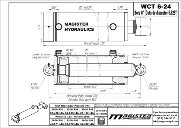 Hydraulic Cylinder Welded Double Acting 6" Bore 24" Stroke Cross Tube 6x24 NEW