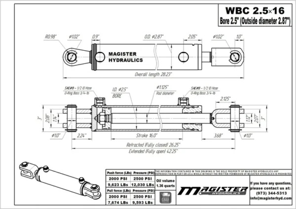 Ag Clevis Hydraulic Cylinder Welded Double Acting 2.5" Bore 16" WBC 2.5x16 NEW
