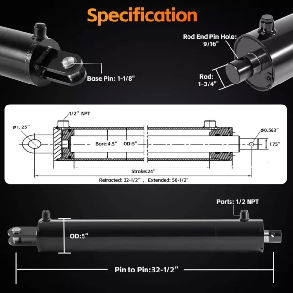 4.5" Bore 24" Hydraulic Cylinder Welded Double Acting For Log Splitter 3500 PSI